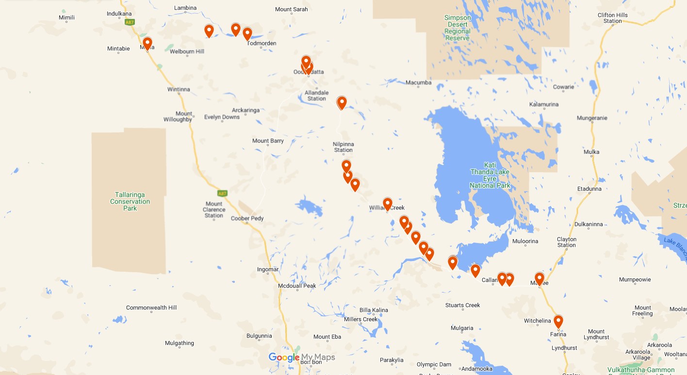 Map Of Camp Sites On The Oodnadatta Track South Australia